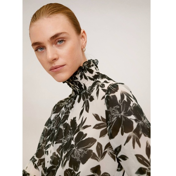 Black & ecru (off-white) floral printed smocked neck and cuff blouse - Picture 4 of 6